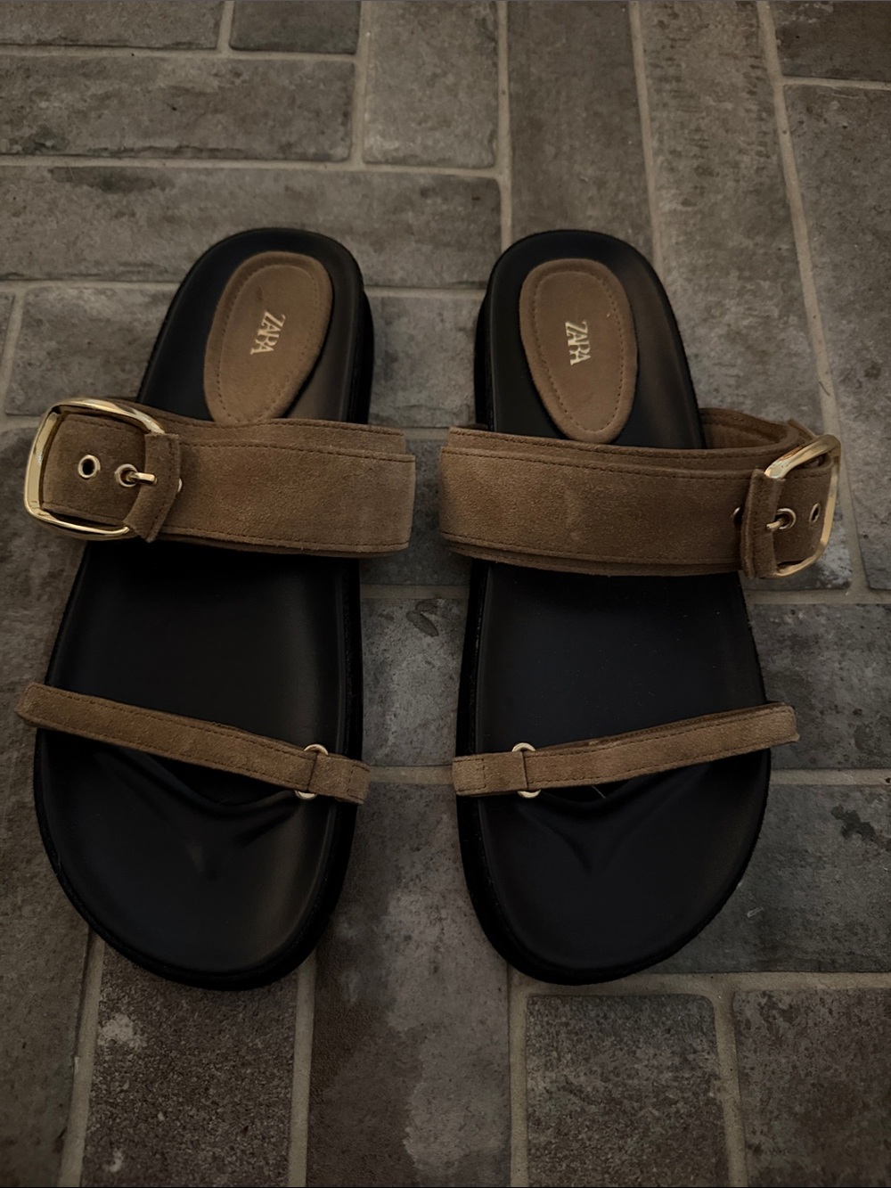 Zara Tan Suede Buckle Slide Sandals with Black Footbed